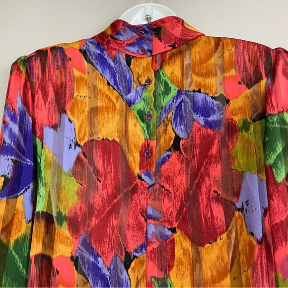Vintage Floral Blouse Sheer Stripe Vibrant Colors Rolled Collar Eclectic Pleats - Picture 5 of 16